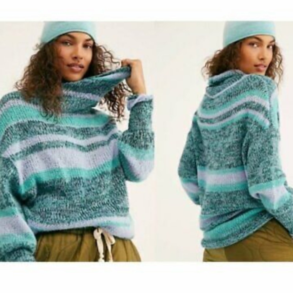 Free People Sweater Striped Turtleneck Tunic Sweater with matching Beanie